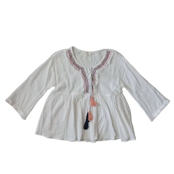 Hailey & Co. White Embroidered Bohohemian Fringe Tassel Blouse Women's Medium - Picture 1 of 12